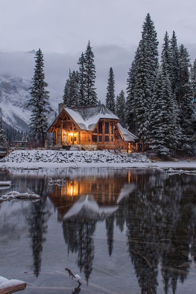 Home in the winter on the lake